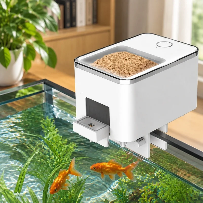 Smart Aquarium Feeder for Fish and Turtles, WiFi Enabled Automatic Feeding with Button Control, Adapter-Free Operation