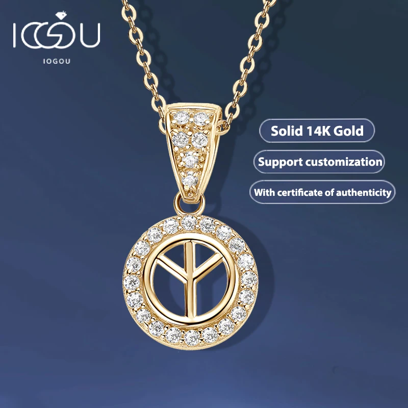 

IOGOU Luxury Real Solid 14K Gold Peace Sign Round Pendant with 925 Silver Chain Necklace Halo Cubic Zircon for Women Men Jewelry