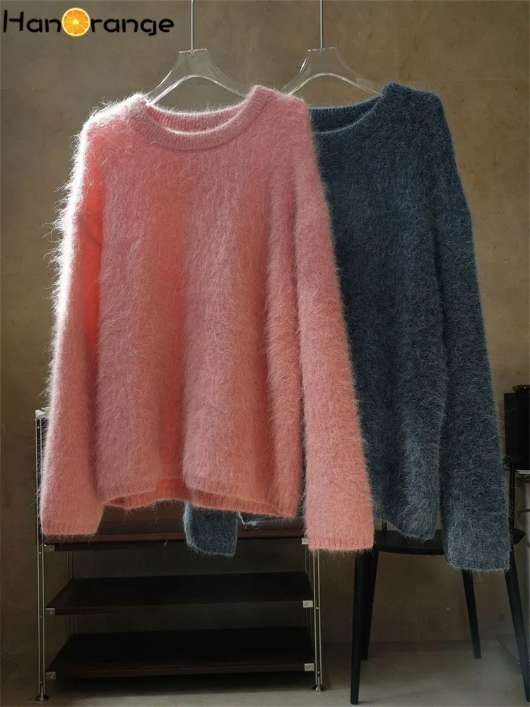 HanOrange 2024 Winter Fashion O-Neck Alpaca Sweater Soft Skincare Knitted Top Female Pink/Grayish Blue