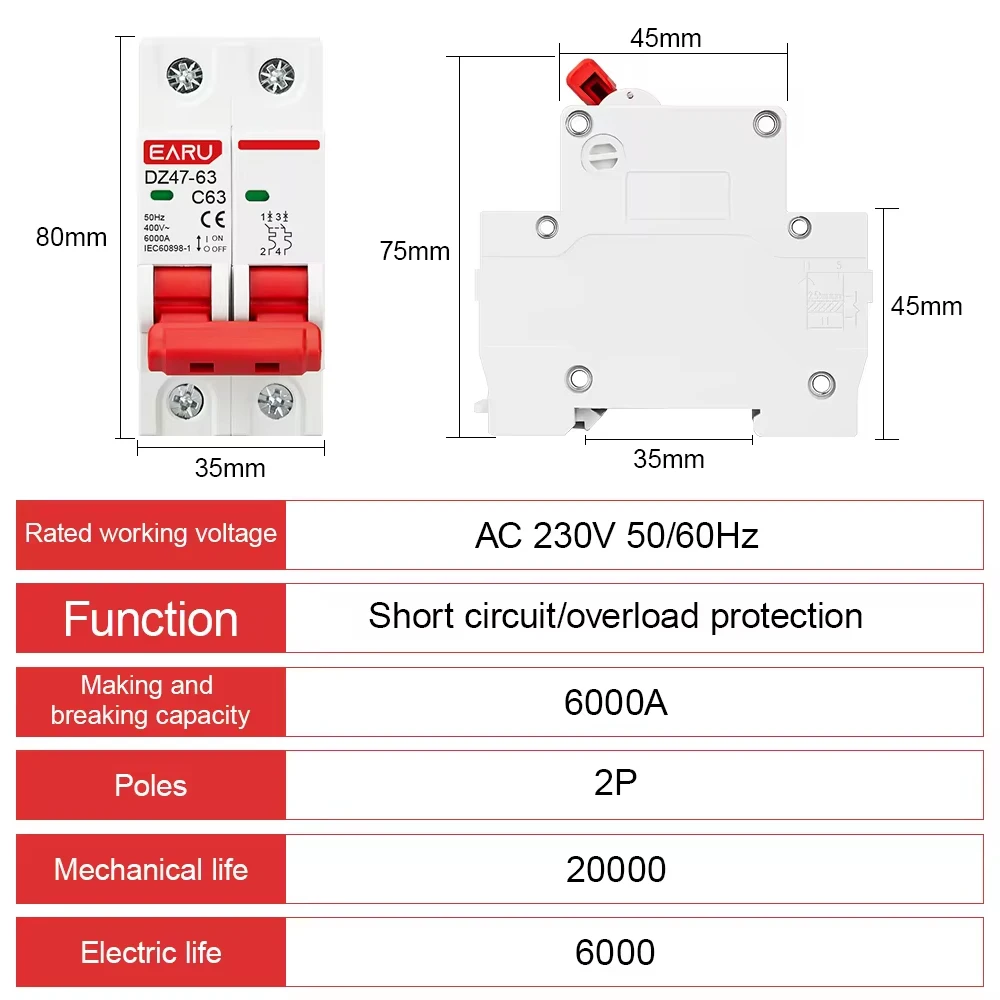 2P AC 230/400V MCB DZ47 C Type Circuit Breaker Overload Protection Short Circuit Protection Small Household Main Switch Din Rail