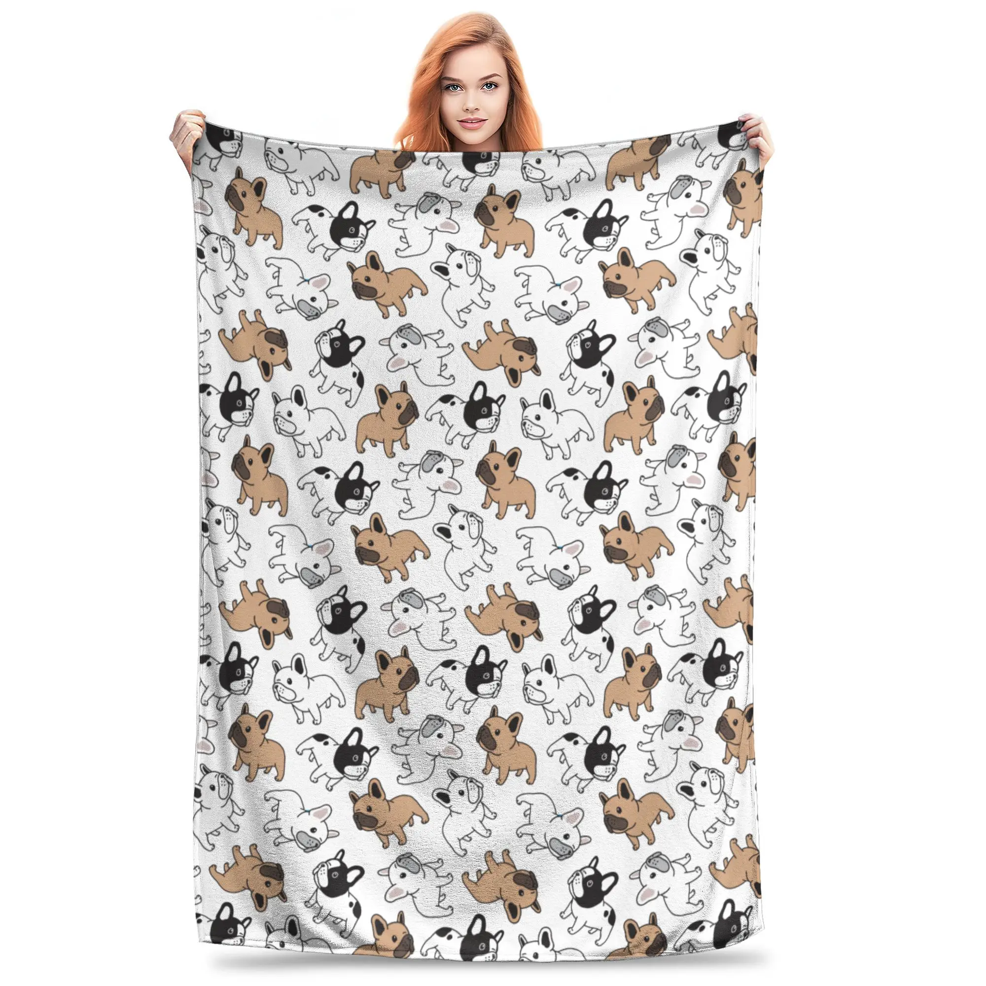

Fun French Bulldog Dog Throw Blanket for Couch Frenchie Cartoon Puppy Fuzzy Soft Plush Blanket Multi-size for All Seasons
