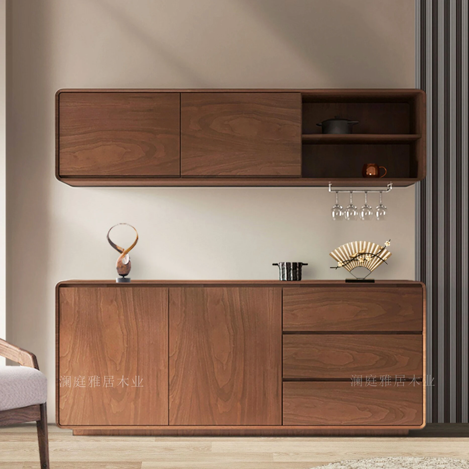 

Solid Wood Dining Side Cabinet Storage Multi-functional Kitchen Tea Cabinet Walnut Storage