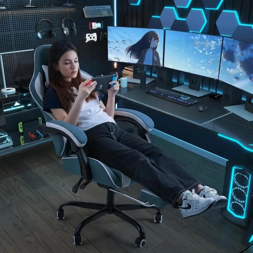 كرسي ألعاب السباق الإلكتروني (أخضر) كرسي ألعاب الفيديو مع مسند للقدمين ودعم قطني كرسي الكمبيوتر ومكتب الألعاب