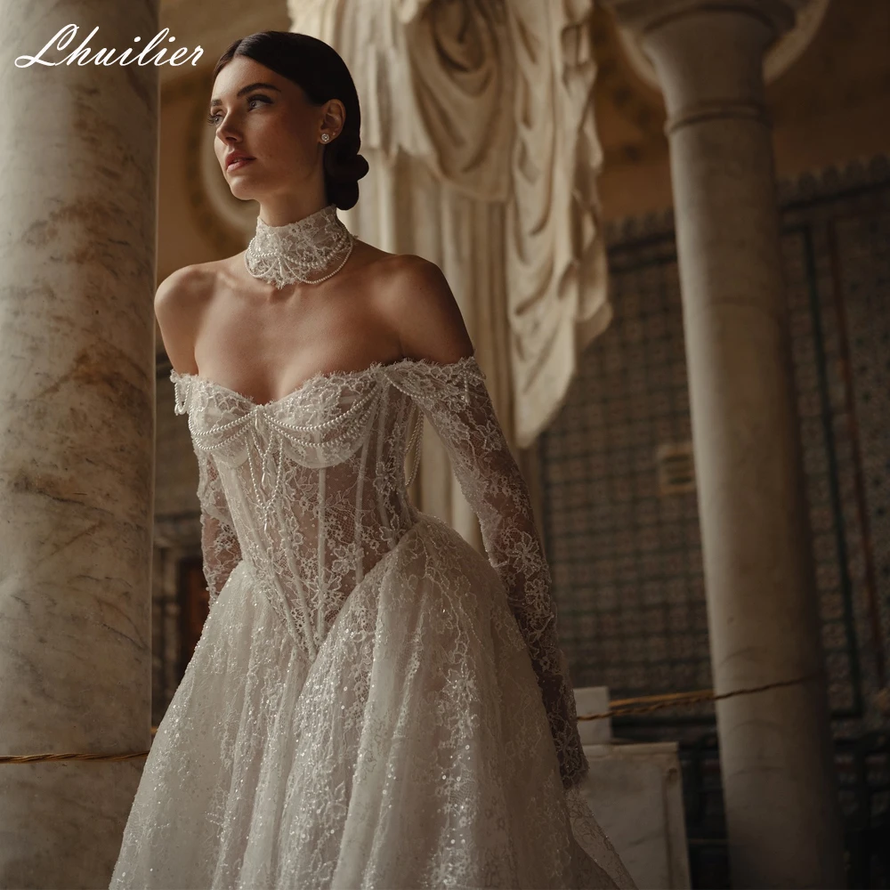 Lhuilier Customized A Line Illusion Lace Wedding Dresses Off the Shoulder Beaded Bridal Gowns with Chapel Train
