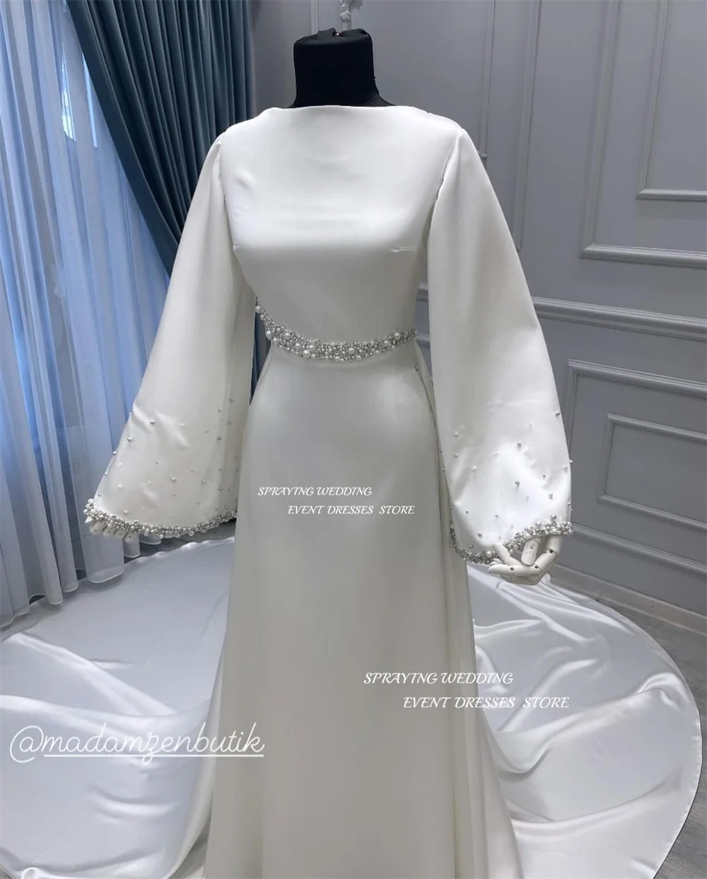 SPRAYING Elegant Shiny Pearl A Line Wedding Dress O Neck Long Sleeve For Women Dresses Floor Length Train Soft Satin Prom Gown