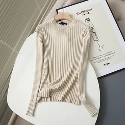 Dave&Di New Spring Solid Rib Oneck Winter Sweaters Women England Style Fashion Simple Pull Femme Sheath T shirts Women Tops