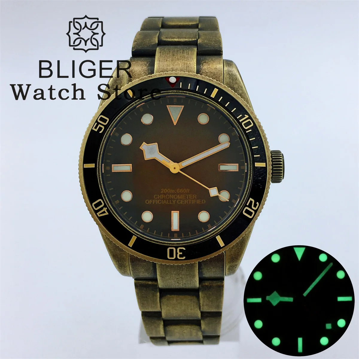 BLIGER 39mm Bronze BB58 NH35A PT5000 Automatic Mechanical Men Watches Dome Sapphire Glass Bronze Dial Luminous Deepwaterproof