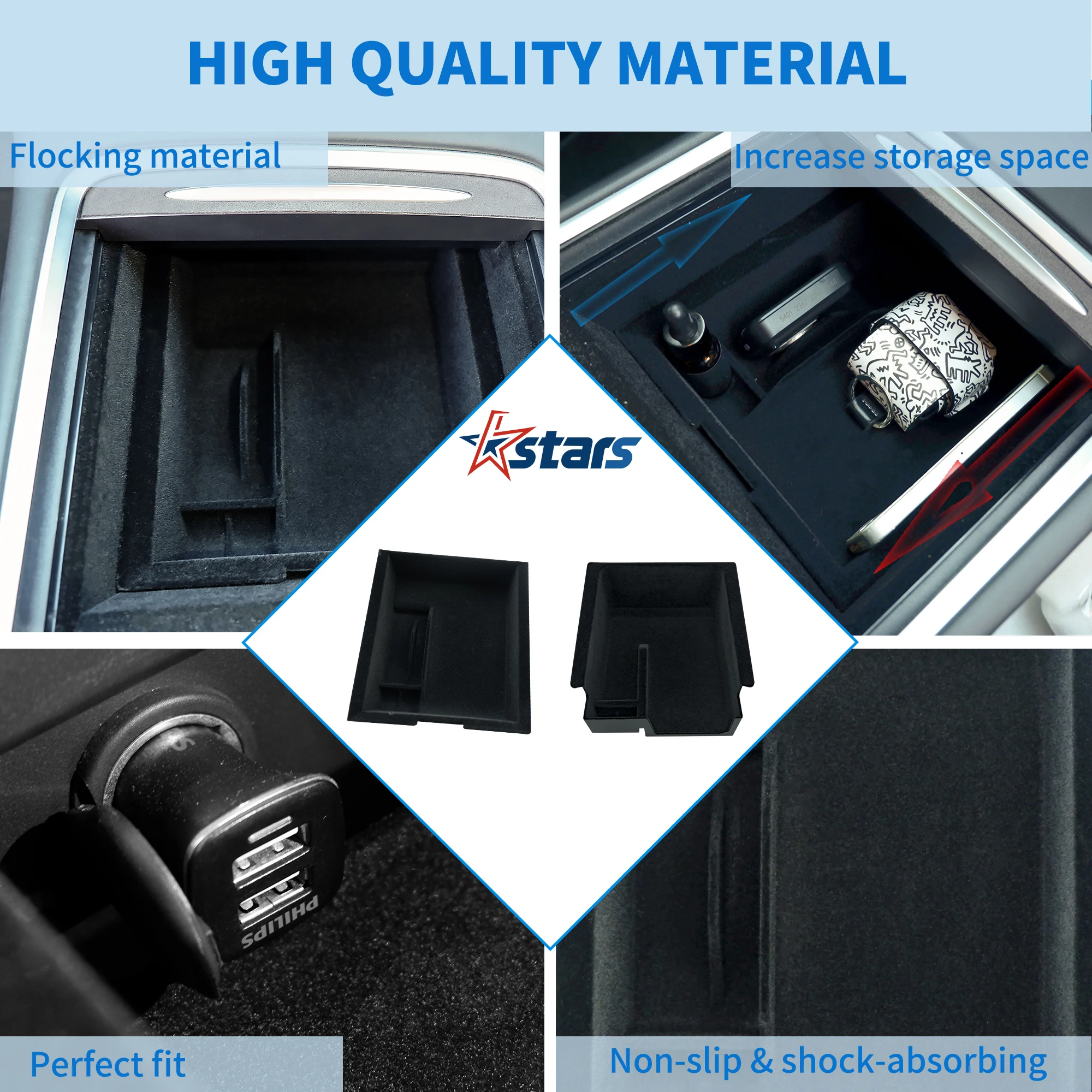 For Tesla Model Y 3 2021-2024 Center Console Organizer Centra Flocking Storage Box Car Interior ABS Car Interior