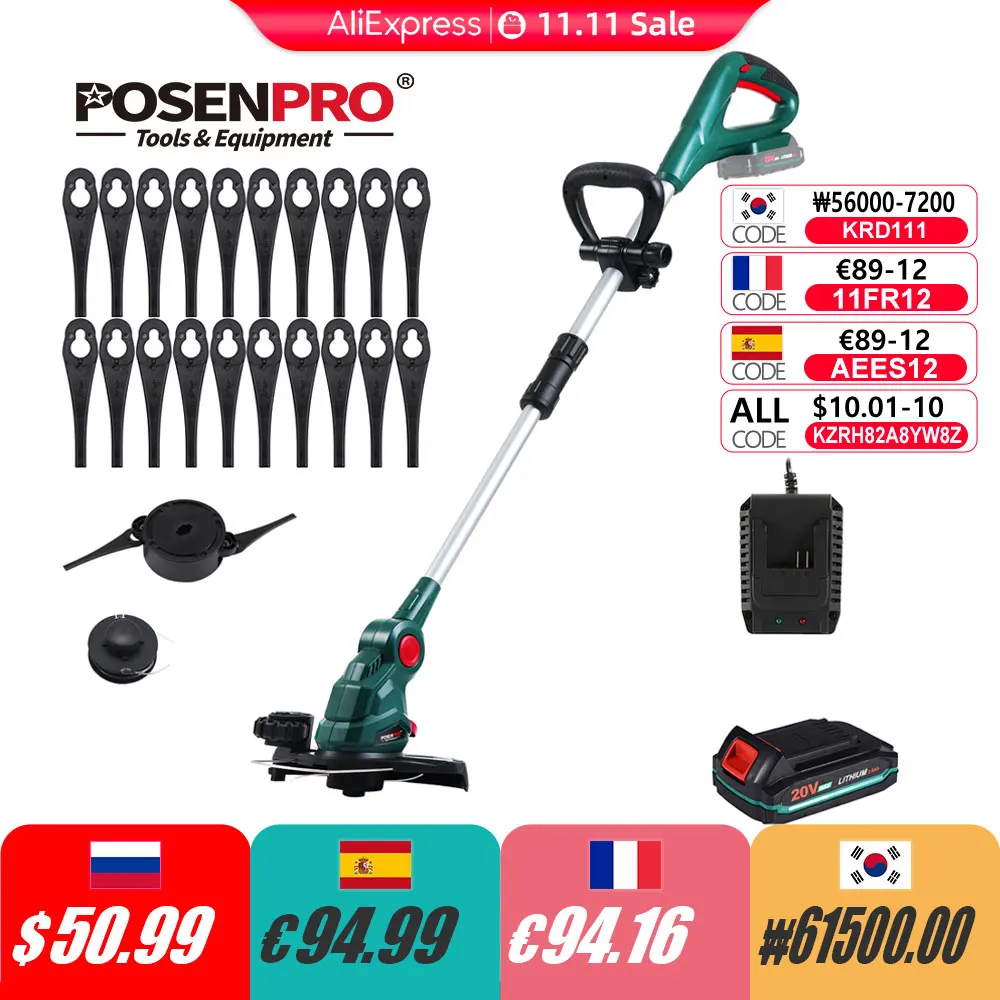 

POSENPRO 20V Cordless Strimmer/Edger 2-in-1, Cordless Grass Trimmer, 26cm Path, Lightweight, Extendable Length, Blade Cutting