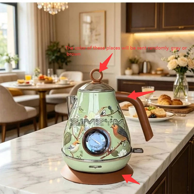 1.7L Light Luxury Decal Electric Kettle Green Vintage Floral Bird Kettle Mechanical Thermometer Boil Dry Protection