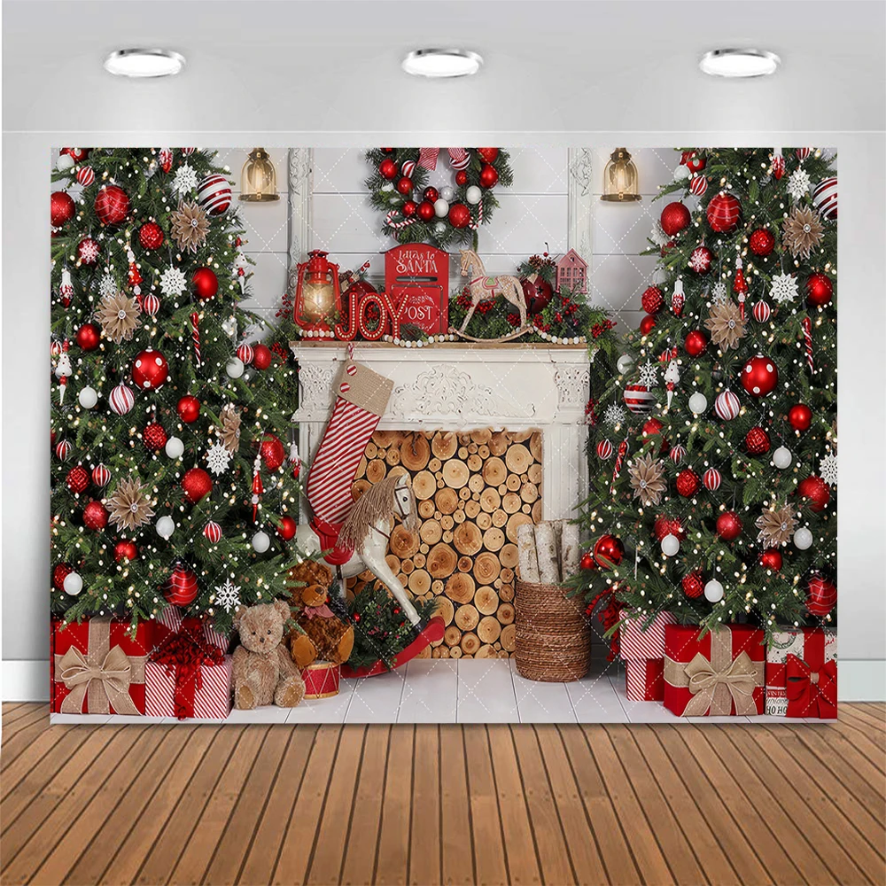 Fond de photo de cheminée de Noël, décor de boule rouge d'arbre de Noël, toile de fond de photographie, enfants, accessoires de studio photo Smash Cake