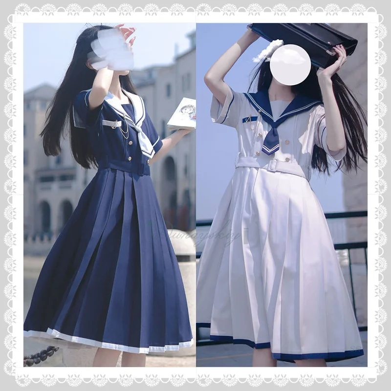 

Cute Style Sailor Suit One-piece Dress Japanese JK Belt For Women Girl Blue Black Dress Cosplay Costume Carnival Halloween Party