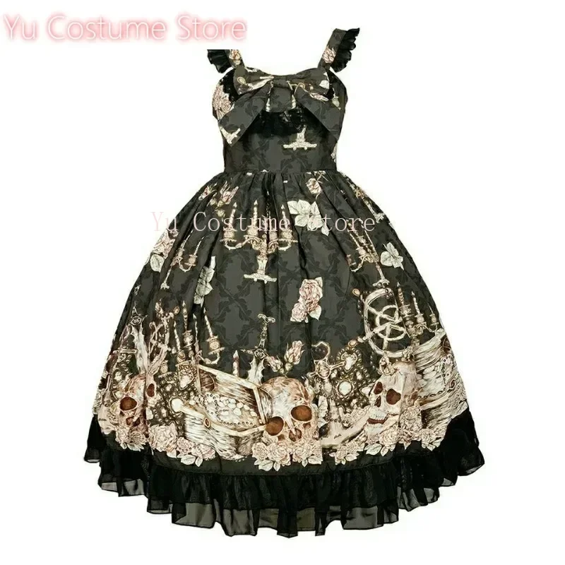 

Japanese Gothic Jsk Lolita Dress WomenVintage Victorian SleevelessBow Princess Tea PartyDressesGirls Chic Print LolitaYu Costume