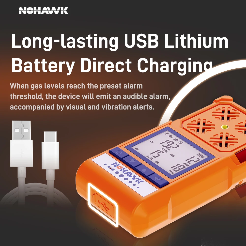 NOHAWK Ручной высокоточный детектор газа 4-в-1 Звуковая и экранная сигнализация Измеритель нефтяных газов O2 CO H2S Анализатор