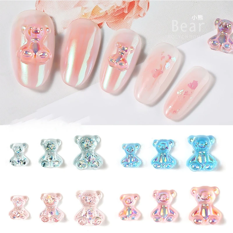 E1YE – ours mignon 3D en résine, décorations pour Art, 3 tailles, ornements pour ongles, conseils manucure, accessoires