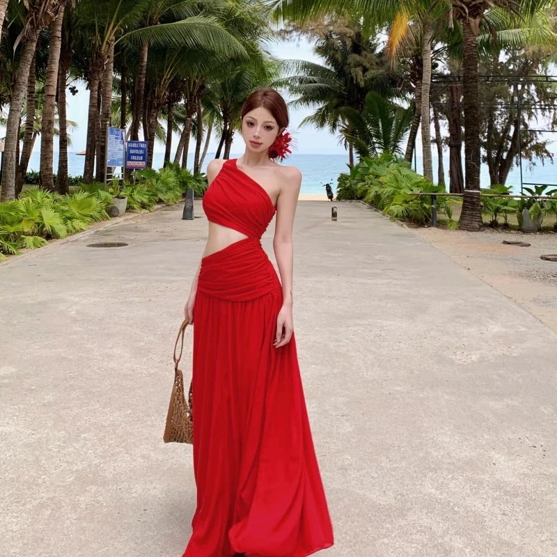 

Women's Red Slanted-shoulder Sleeveless A-line Maxi Dress With Design Sense Hollow-out And Slit Details Ideal For Summer Seaside