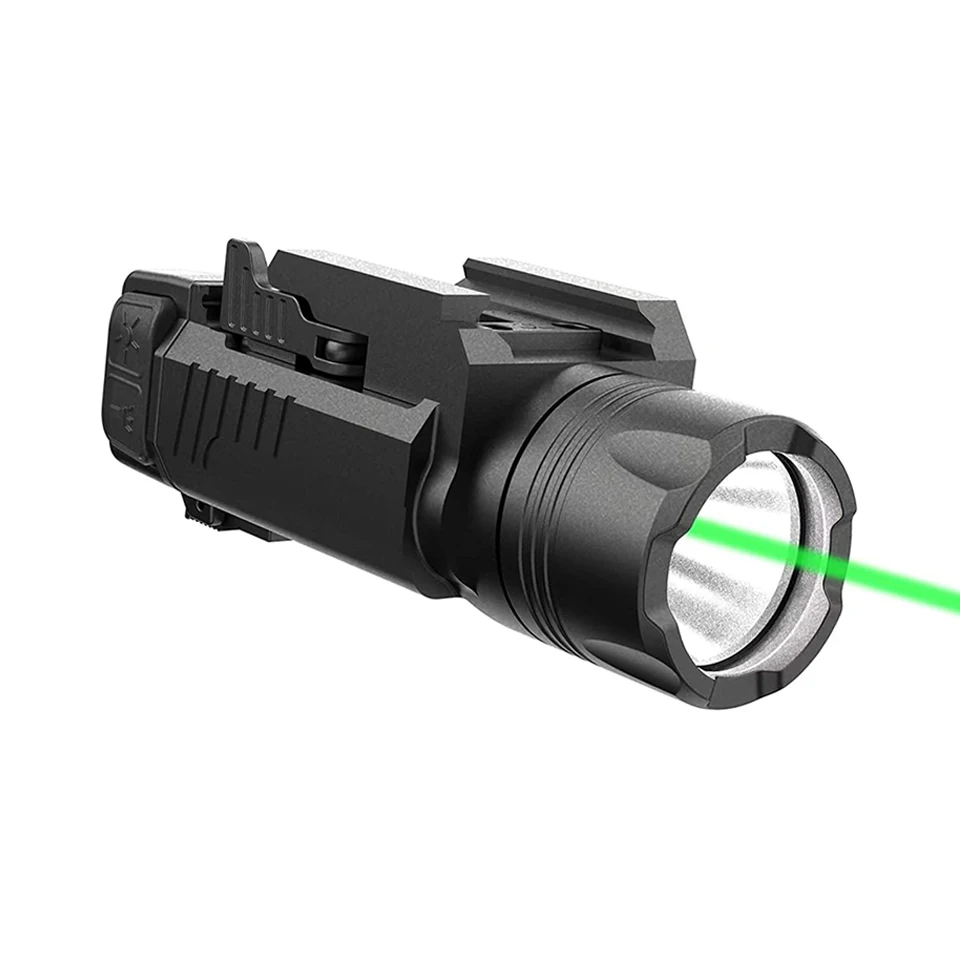 Tactical Weapon Light 600 Lumens White LED and Green Laser Sight Combo Pistol Light Handgun Flashlight Quick Detach Rail Mount