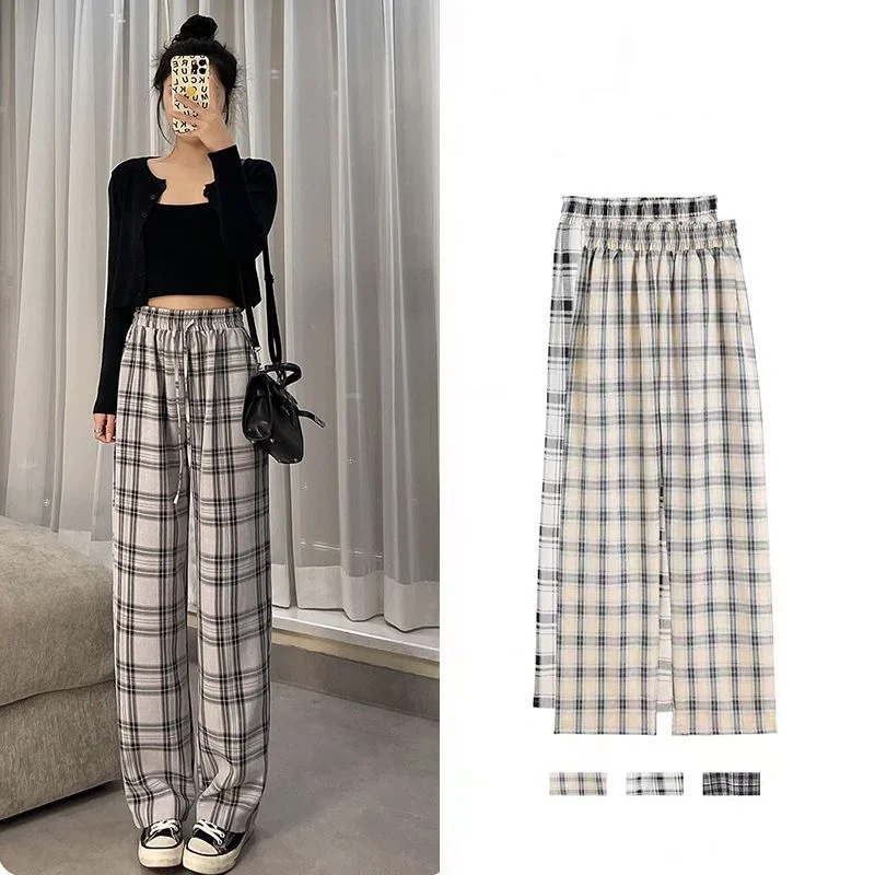 Koreon Harajuku Casual Women Plaid Pants Spring Summer Thin Elastic High Waist Streetwear Fashion Loose Sports Straight Trousers