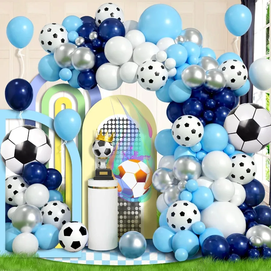 116-teiliges Ballon-Girlanden-Set mit Fußballmotiv, blau-weiße Ballons mit Fußballaufdruck, Geburtstagsdekoration, Sportthema, Junggesellenabschied