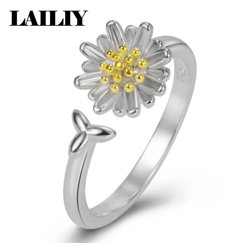 LAILIY925 Sterling Silver Simple Two Tone Sunflower Daisy Leaf Adjustable Ring for Women Fashion Jewelry