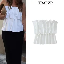 TRAF ZR Basics Tanks & Camis Tube Top Y2k Woman Ladies Tops Sleeveless Women's Top Without Straps White Hotsweet Folds Cami