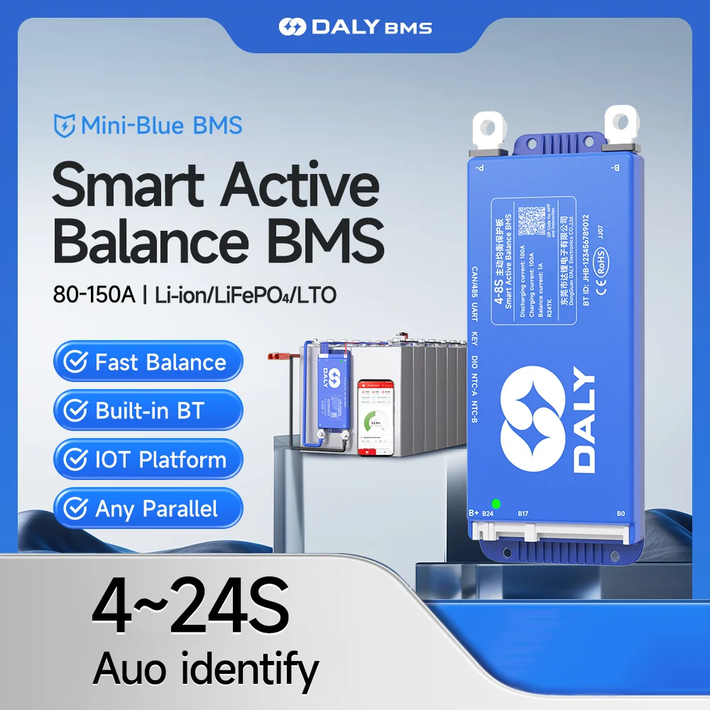 Daly Smart BMS with BT WiFi 4S 12V 8S 24V 16S 48V 80A 100A 150A Active Balance Overcharge/Discharge Protection for Sola/EV