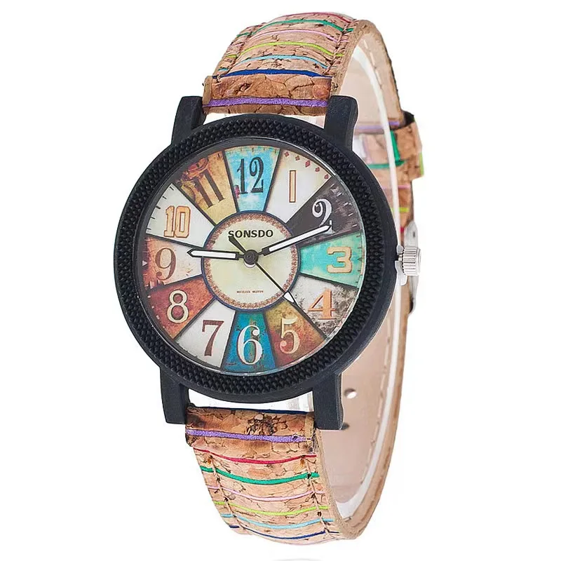 Houten Nerf Draaitafel Dameshorloge Retro Gestreept Patroon Lederen Horloge Koreaanse Versie Boom Riem Student Horloge