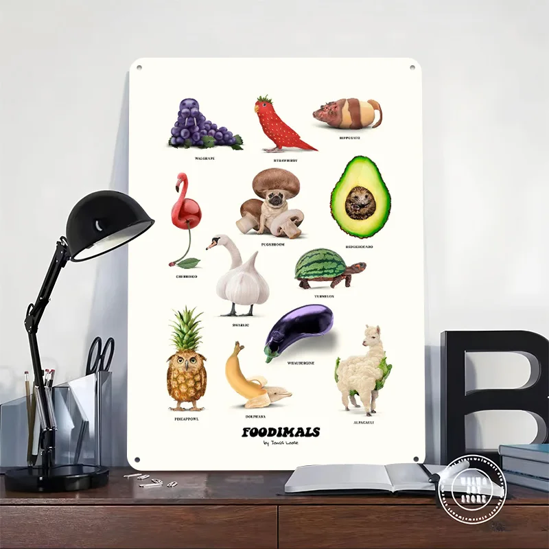 Foodimals - Animal-Food Hybrids Printed Poster Customized Retro Wall Art Vintage Metal Tin Signs for Office Decor House Home