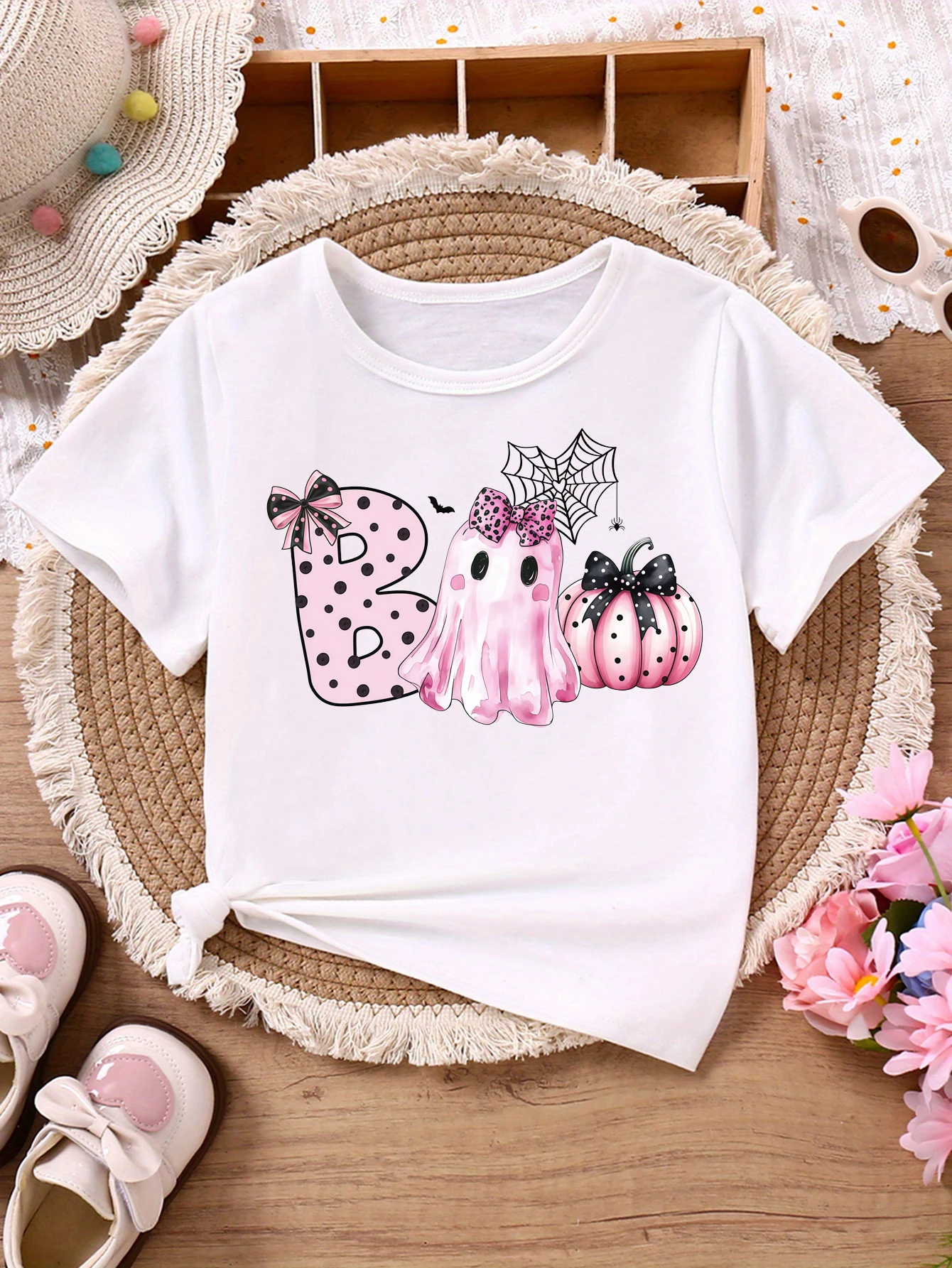 Halloween Boo Spooky Bow Bats Printed T Shirt Girls Halloween Gift T-Shirt Funny Kids Clothes White/Black/Blue/Purple T-Shirt