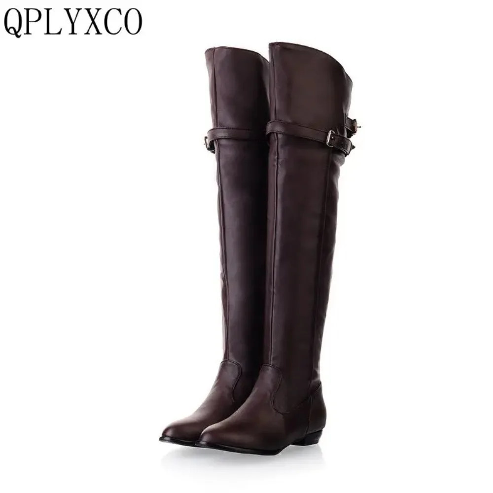 QPLYXCO 2017 New Big Size 34-48 Women Flat Boots Over Knee Winter Warm Long Round Toe Fashion Botas Footwear Shoes 181
