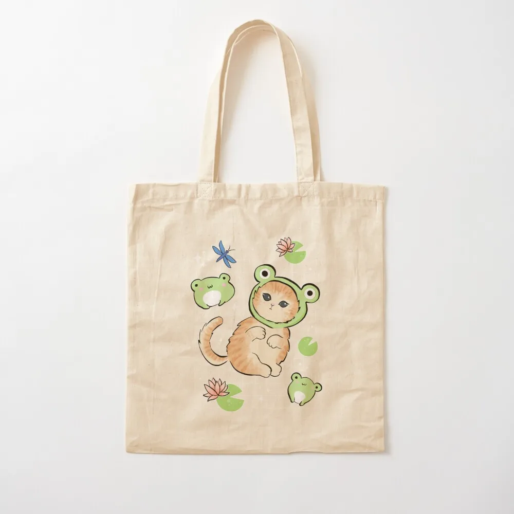 Kawaii Toads and Cat in Frog Hat: Retro 90s Cottagecore Aesthetic with a Funny Kitten in Frog Costume Tote Bag