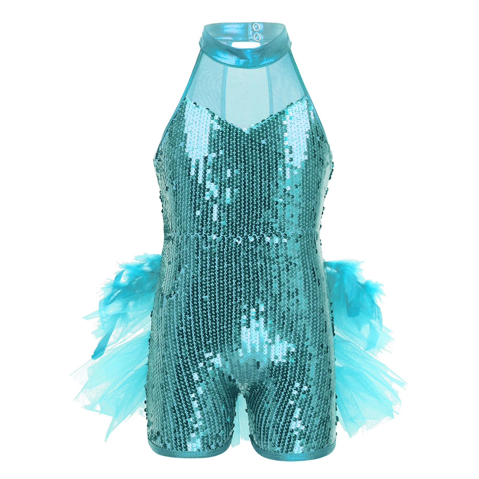 

Children Girls Shiny Jazz Latin Ballet Dance Leotard Sleeveless Mesh Mock Neck Jumpsuit Gymnastics Dancing Show Costume