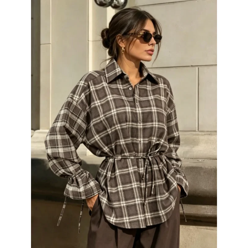 New Fall Vintage Plaid Women Collared Shirt, Drawstring Waist Cuff Tie‑Detail Oversized Drop‑Shoulder Long Sleeve Casual Blouse