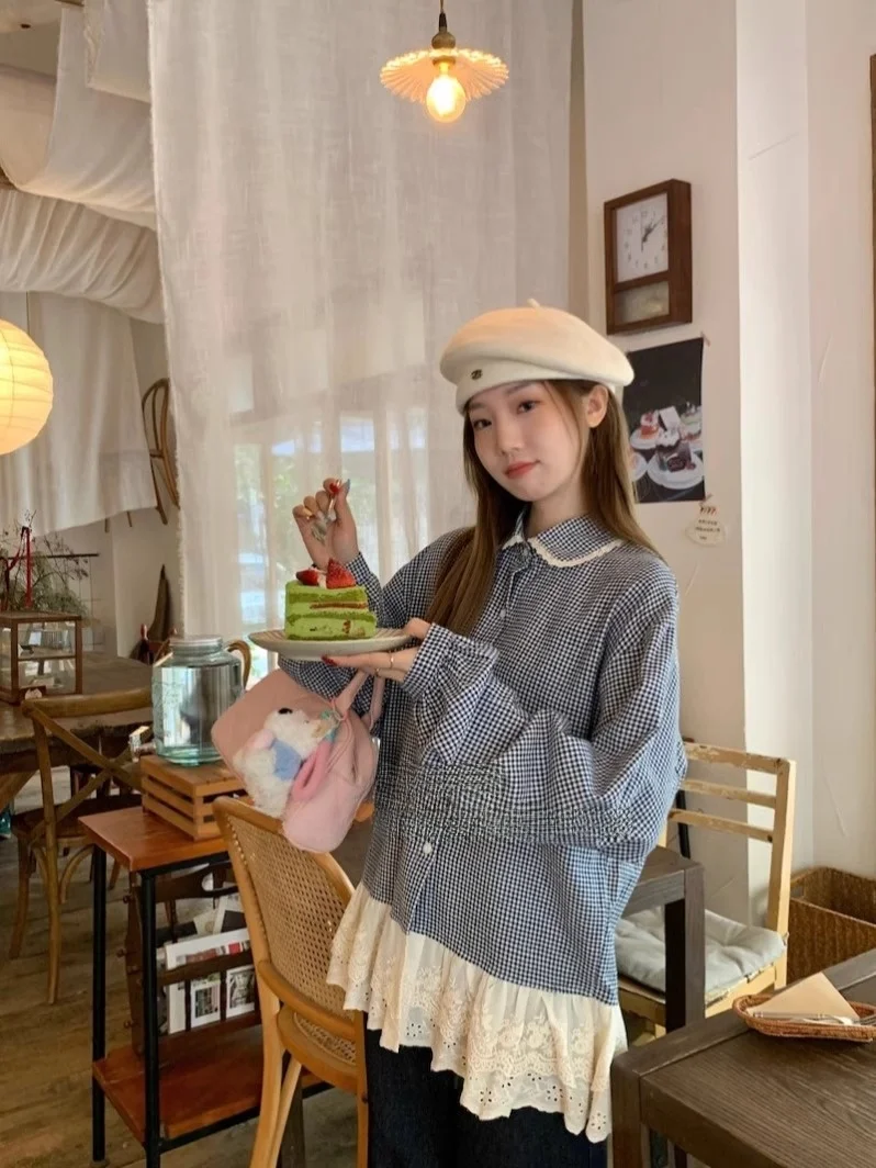 

Retro Patchwork Lace Trim Plaid Women's Loose Long Sleeve Shirt Spring Autumn New Style Doll Collar Casual Breathable Top