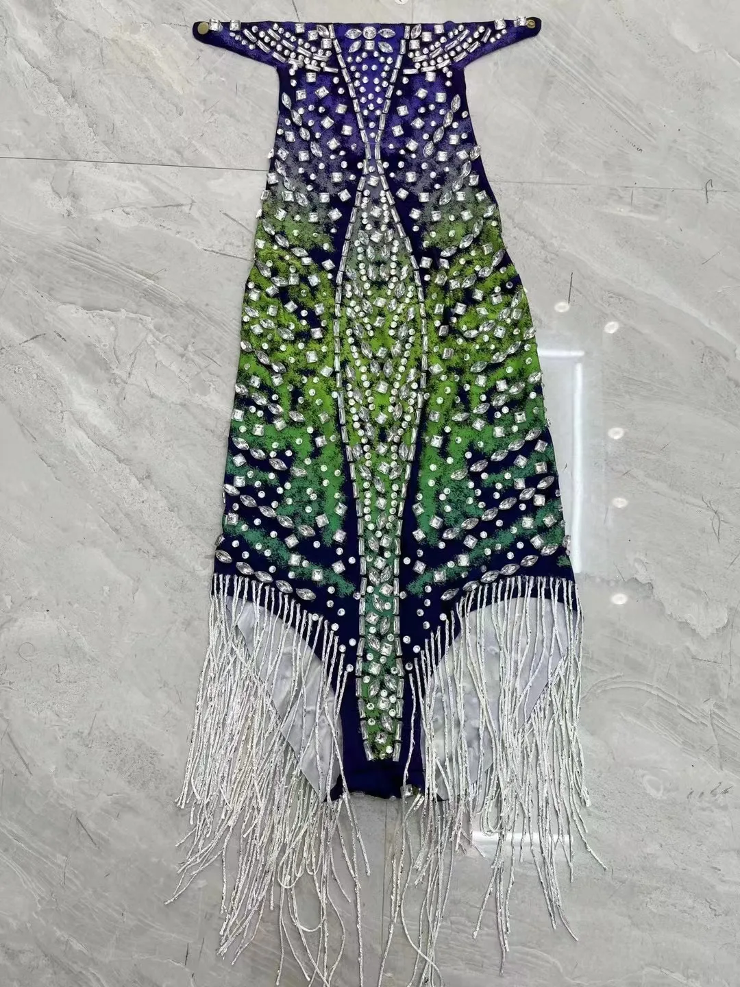 Sexy Stage Blue Green Silver Rhinestones Fringes Sleeveless Stretch Tassels Bodysuit Birthday Celebrate Party Photoshoot Costume