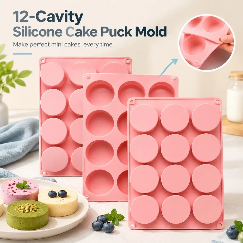 New Silicone Cake Puck Mold Round Shape 12-Cavity Cake Pop Molds Non-Stick BPA-Free DIY Cake Core Tool Party Use