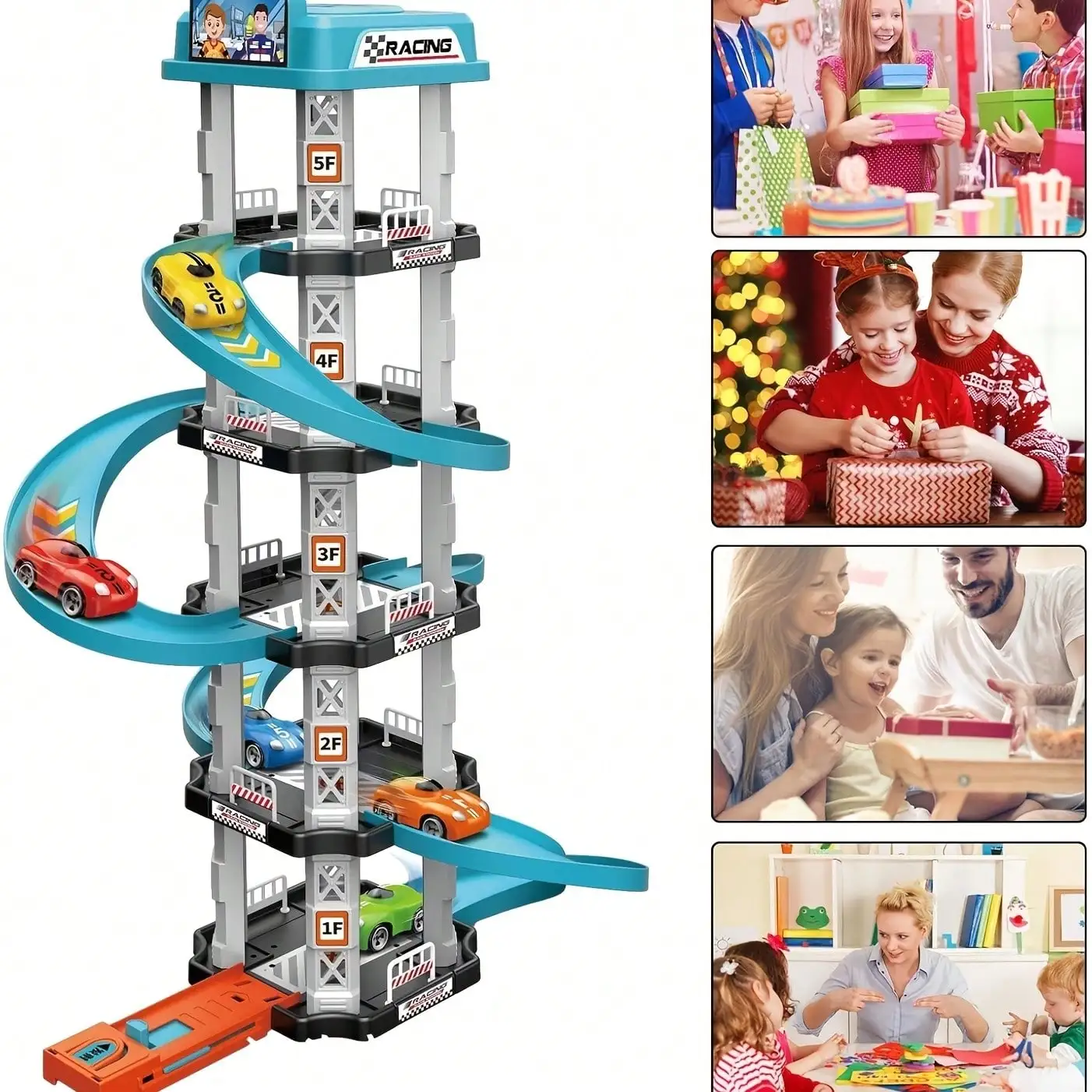 Parking Garage Track Set With 2 Race Cars, Catapult Launcher, Curved Drift & Helicopter Pad,Assembly Educational Toy For Parent-Child Interaction & Hand-Eye Coordination, Birthday Christmas Gifts For Boys Girls(Colors Of Some Accessories Are Random)