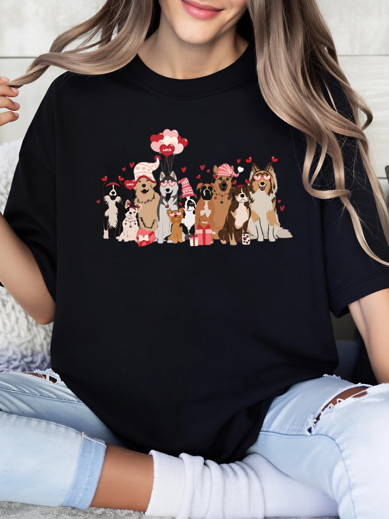 تي شيرت مطبوع عليه Dog Valentine's Day ملابس نسائية كاجوال للمنزل والنزهات باللون الأسود مقاس كبير