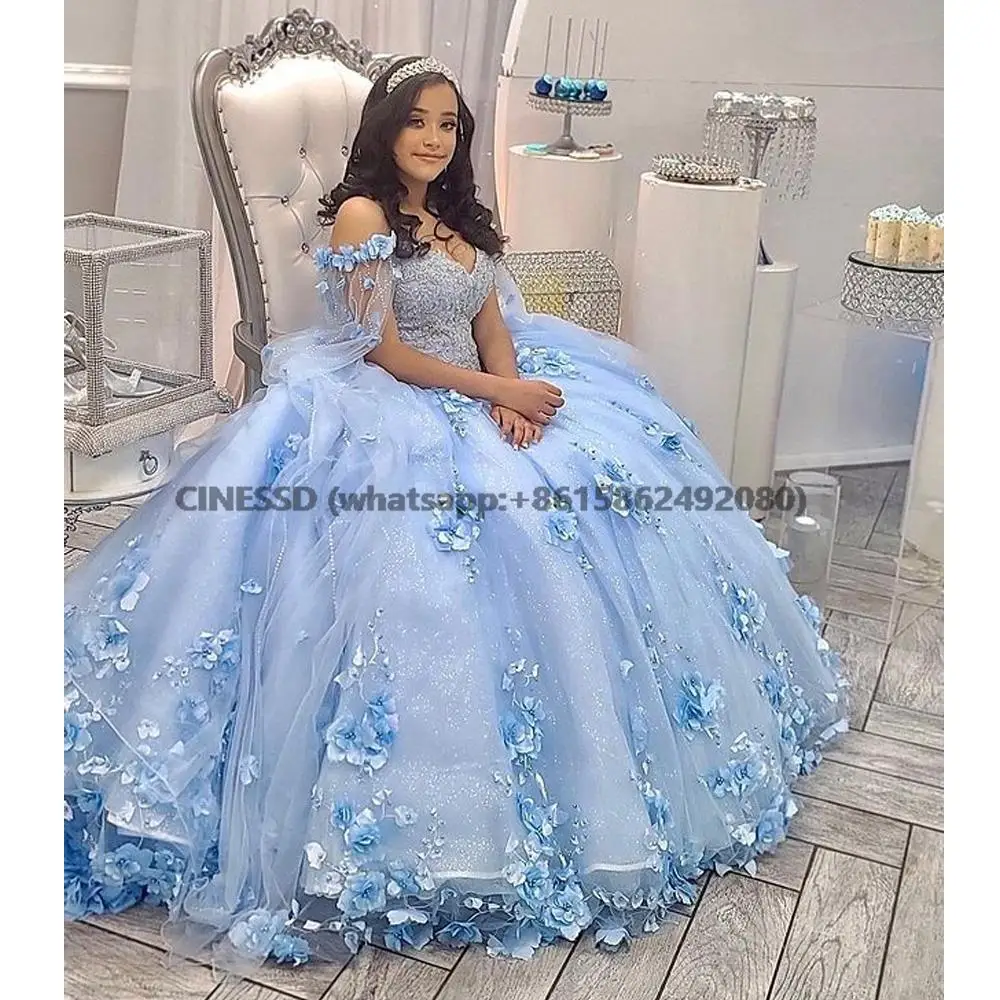 Hemelsblauwe Kralen Baljurk Prinses Sweet 16 Jurk Quinceanera Jurken Sweetheart Vestidos De 15 Años