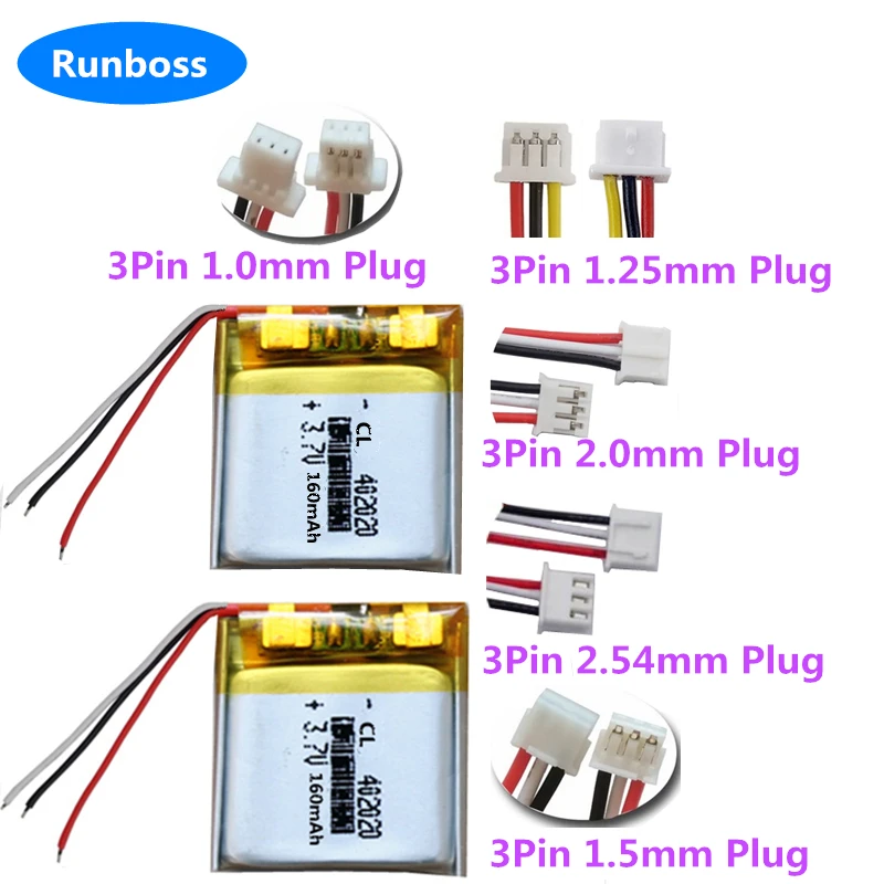 2PCS 402020 3.7V 160mAh Lipo Polymer Battery JST 3pin 1.0mm 1.25mm 1.5mm 2.0mm 2.54mm Plug For Mouse GPS Bluetooth Smart Watch