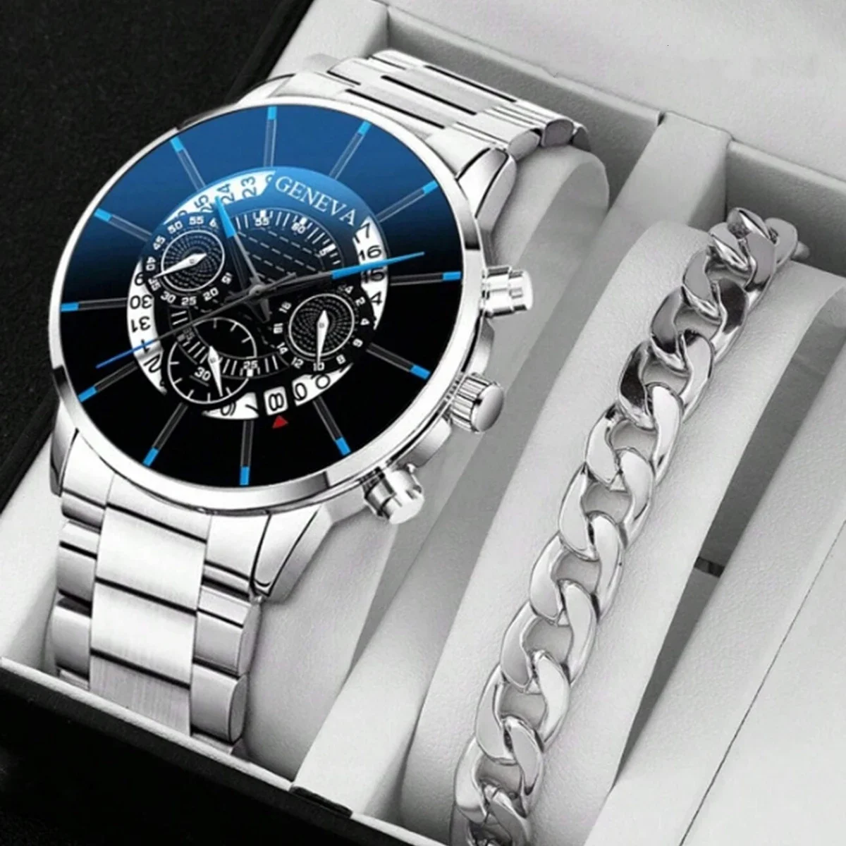 2pcs Luxury Black Quartz Watch & Bracelet For Men Business Fashion Round Calendar Watch Set (Without Box）Relogio