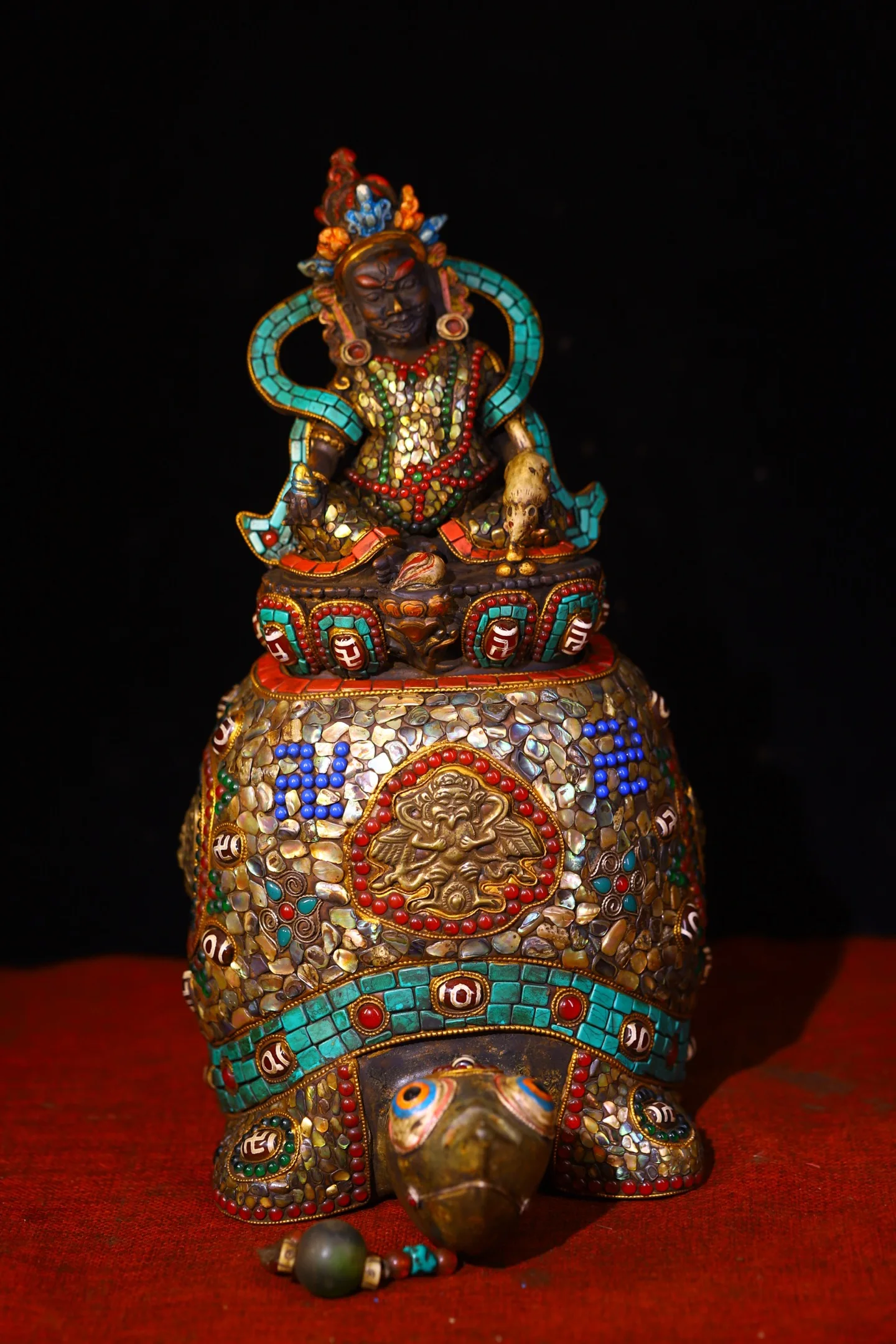 

13"Tibetan Temple Collection Old Natural Meteorite Mosaic Gem gZi Beads Turquoise Turtle Statue Base Yellow Jambhala Buddha