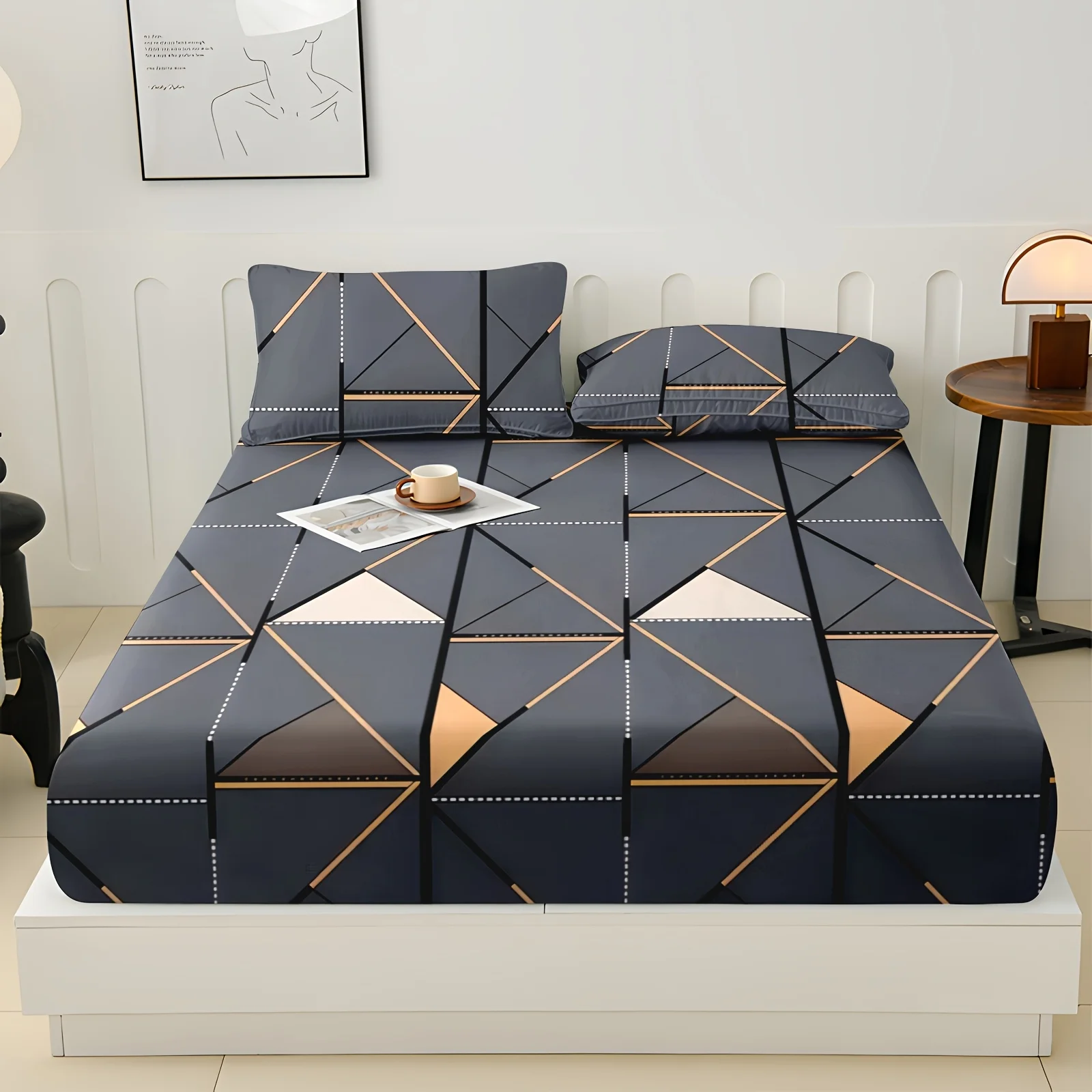 100% Cotton Brushed Print Bedroom Home Hotel -Friendly Soft Fitted Sheet Set One Fitted Sheet + Two Pillowcases