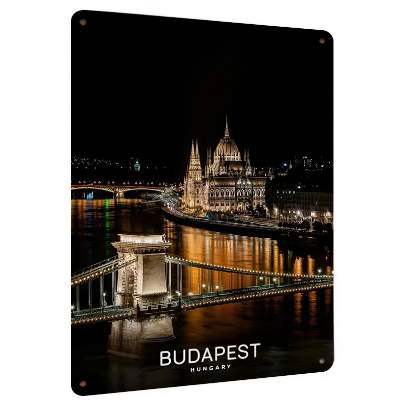 Budapest Night View Metal Wall Art Hungary Parliament Building Chain Bridge Danube River Scenery Home Decor Mural Painting
