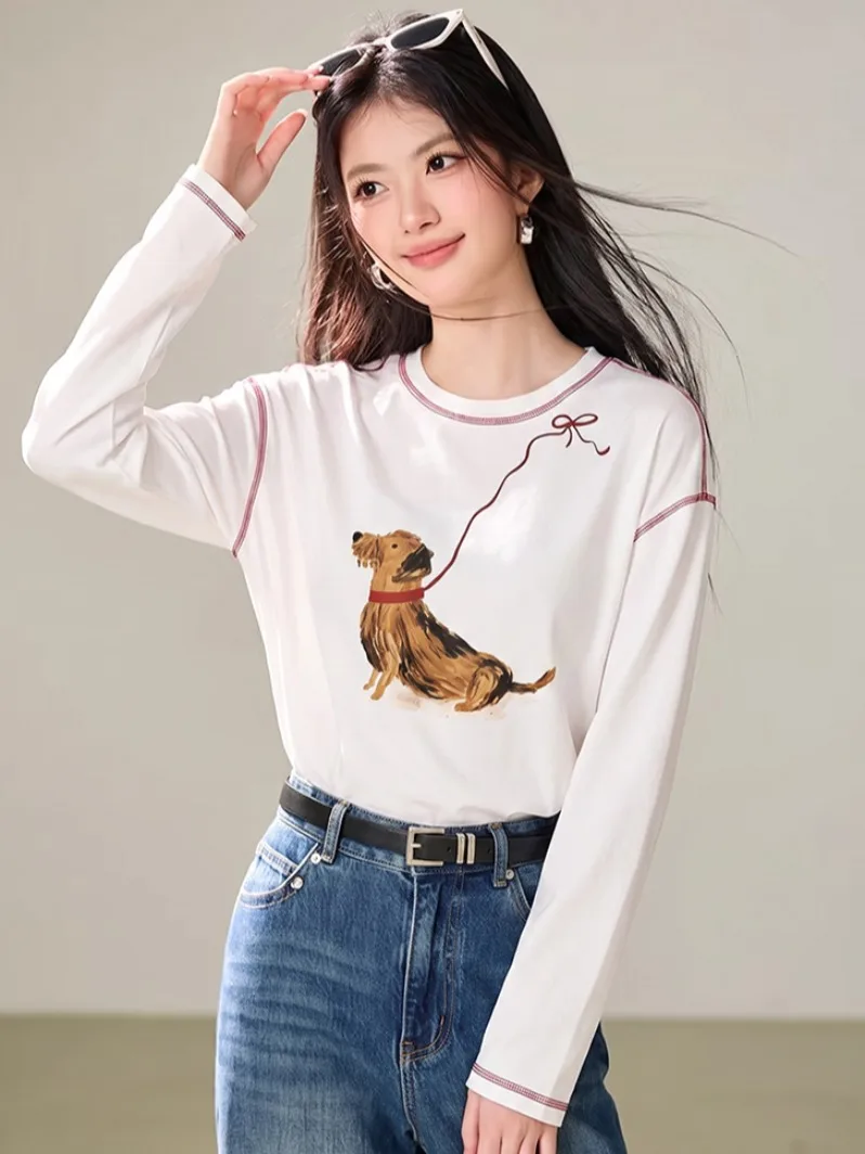 Loose Long Sleeve round Neck T-Shirt Women's Dog Print Color Block Design Casual Spring Autumn Base Shirt Top White