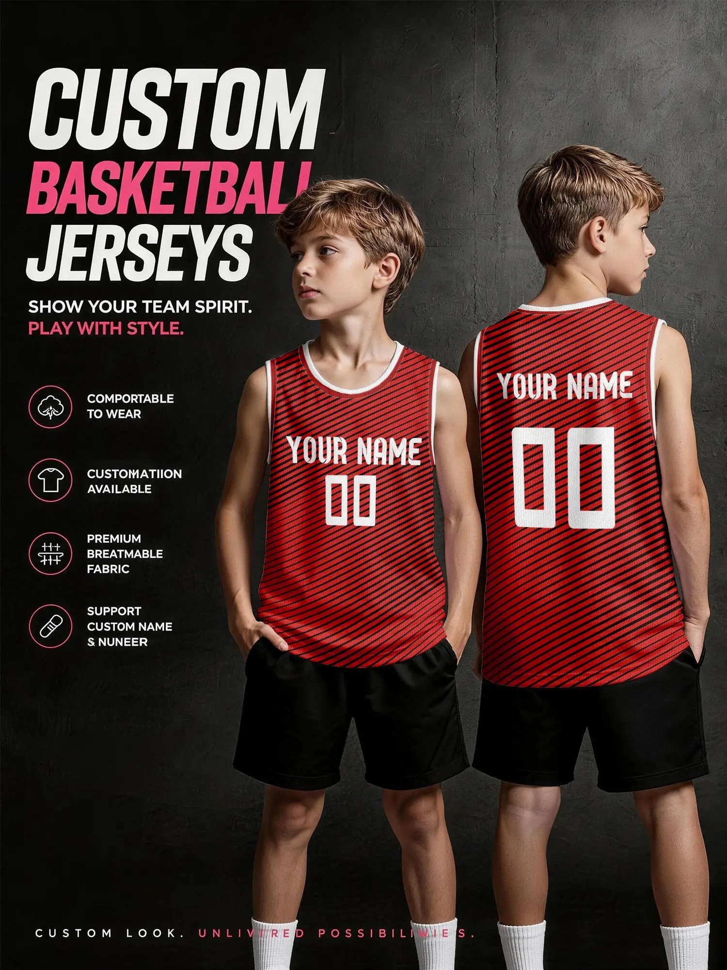 Red‑Black Diagonal‑Stripe Custom Basketball Jersey for Adults & Kids, Breathable Mesh, Customizable Name Number