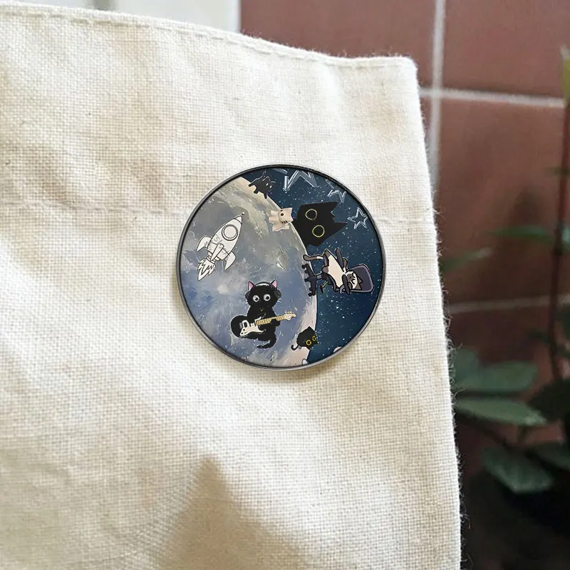 Space Rock Black Cat UV Printing Badge Guitar Playing Kitten Moon Alloy Brooch Lapel Backpack Jewelry Gift For Music Fan