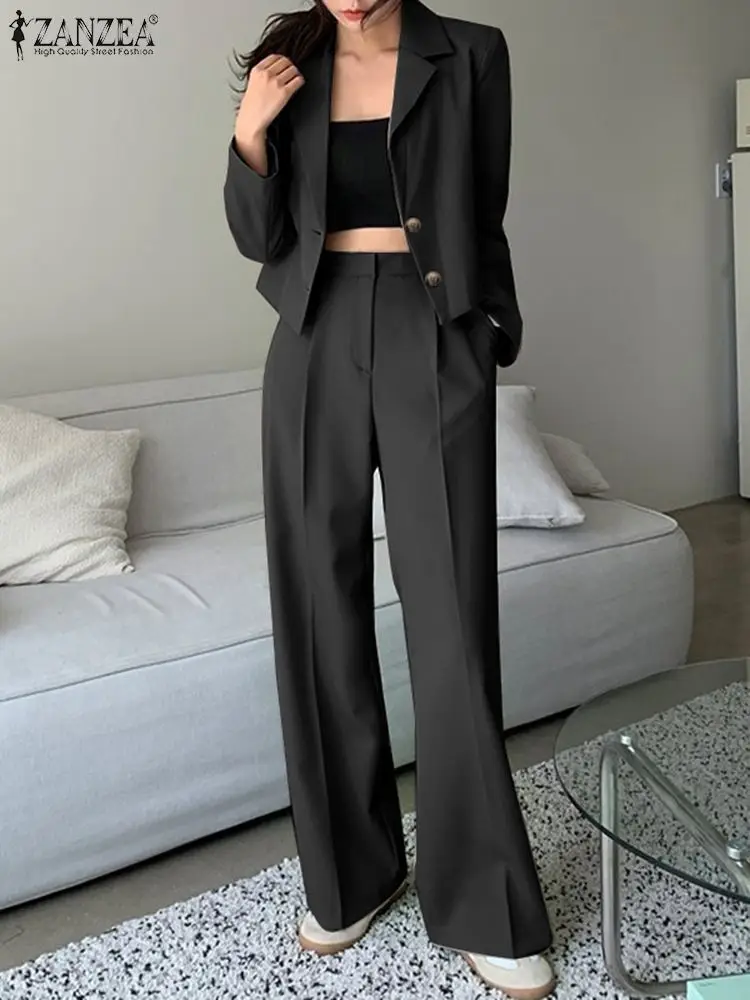 ZANZEA Elegant Blazer Suits Solid Fashion Matching Sets Long Sleeve Tops Wide Leg Pants Vintage Casual Tracksuit Work Suit 2023