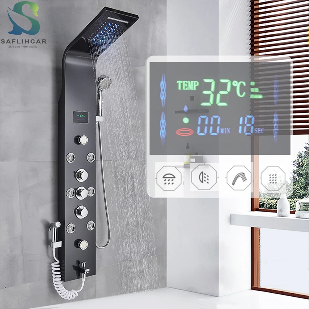 

Black Bathroom Shower Panel SPA Massage Jet Shower Column LED Display Stainless Steel Shower System