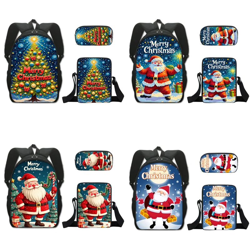 

2025 New 3PC-SET Santa Claus Student Backpack Polyester Single Layer Pen Bag Square Shoulder Bag Portable Children's Best Gift